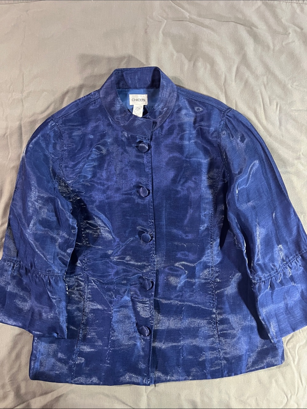 Chico's Shimmery Navy Blue Button-Front Jacket